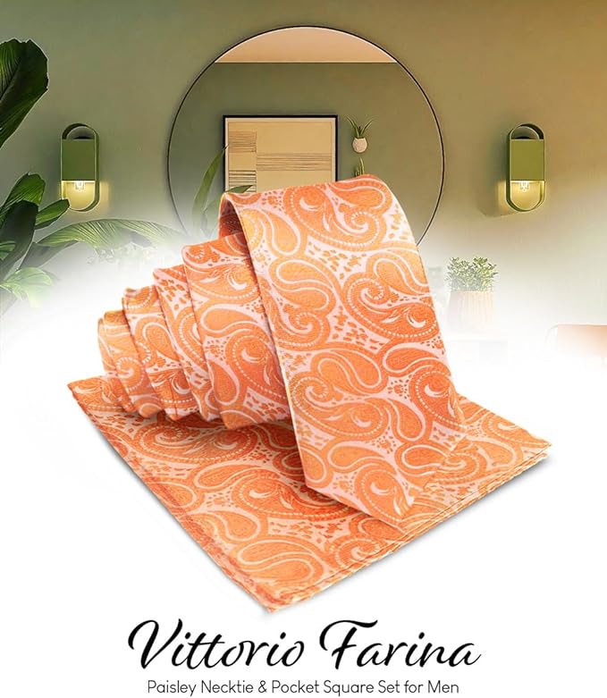 Paisley Necktie & Pocket Square by Vittorio Farina (NH - WP_UT - ORANGE) for Independent Retail Stores by Dubal Brothers