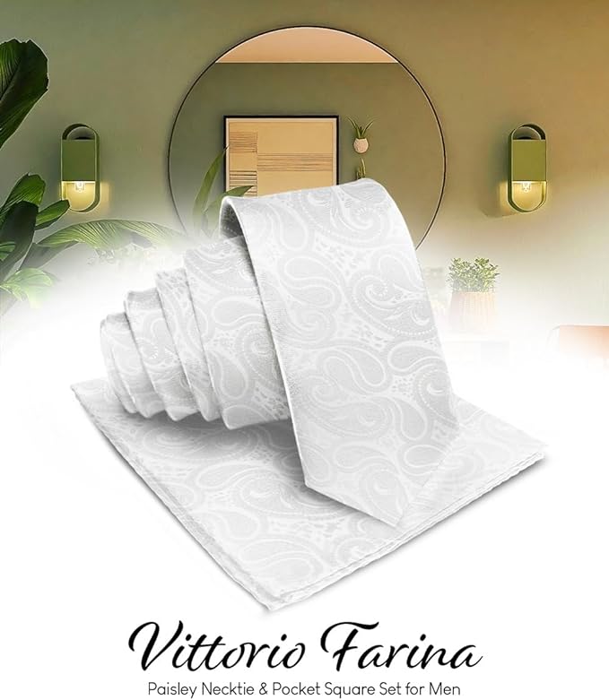 Paisley Necktie & Pocket Square by Vittorio Farina (NH - WP_WHITE) for Independent Retail Stores by Dubal Brothers