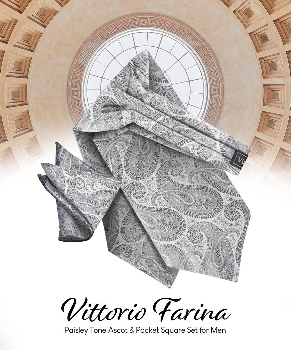 Paisley Tone On Tone Ascot & Pocket Square by Vittorio Farina (ASCOTS - WP_SILVER) for Independent Retail Stores by Dubal Brothers
