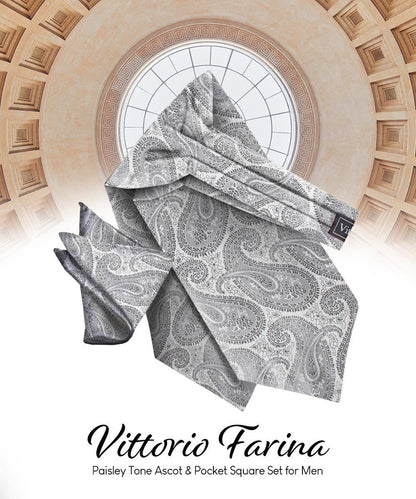 Paisley Tone On Tone Ascot & Pocket Square by Vittorio Farina (ASCOTS - WP_SILVER) for Independent Retail Stores by Dubal Brothers