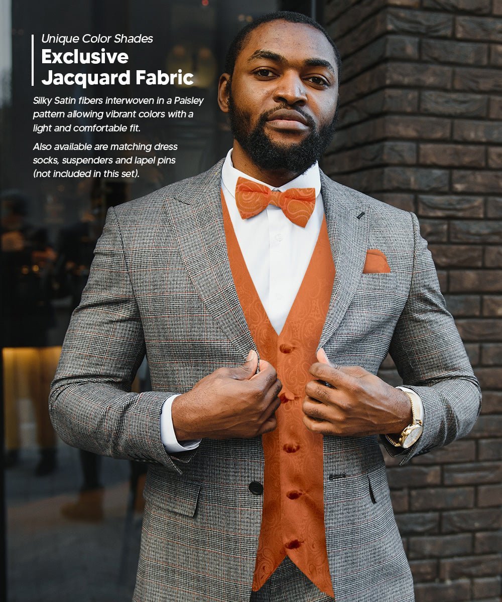 Paisley Vest Set with Black Back (Vest, Bow Tie, Necktie and Pocket Square) by Vittorio Farina: Purple, Red, Rose Gold, Royal Blue and Burnt Orange (vest_paisley_BB_burntorange_XS) for Independent Retail Stores by Dubal Brothers