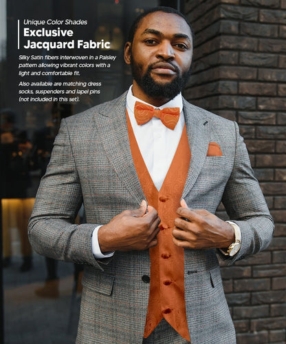 Paisley Vest Set with Black Back (Vest, Bow Tie, Necktie and Pocket Square) by Vittorio Farina: Purple, Red, Rose Gold, Royal Blue and Burnt Orange (vest_paisley_BB_burntorange_XS) for Independent Retail Stores by Dubal Brothers