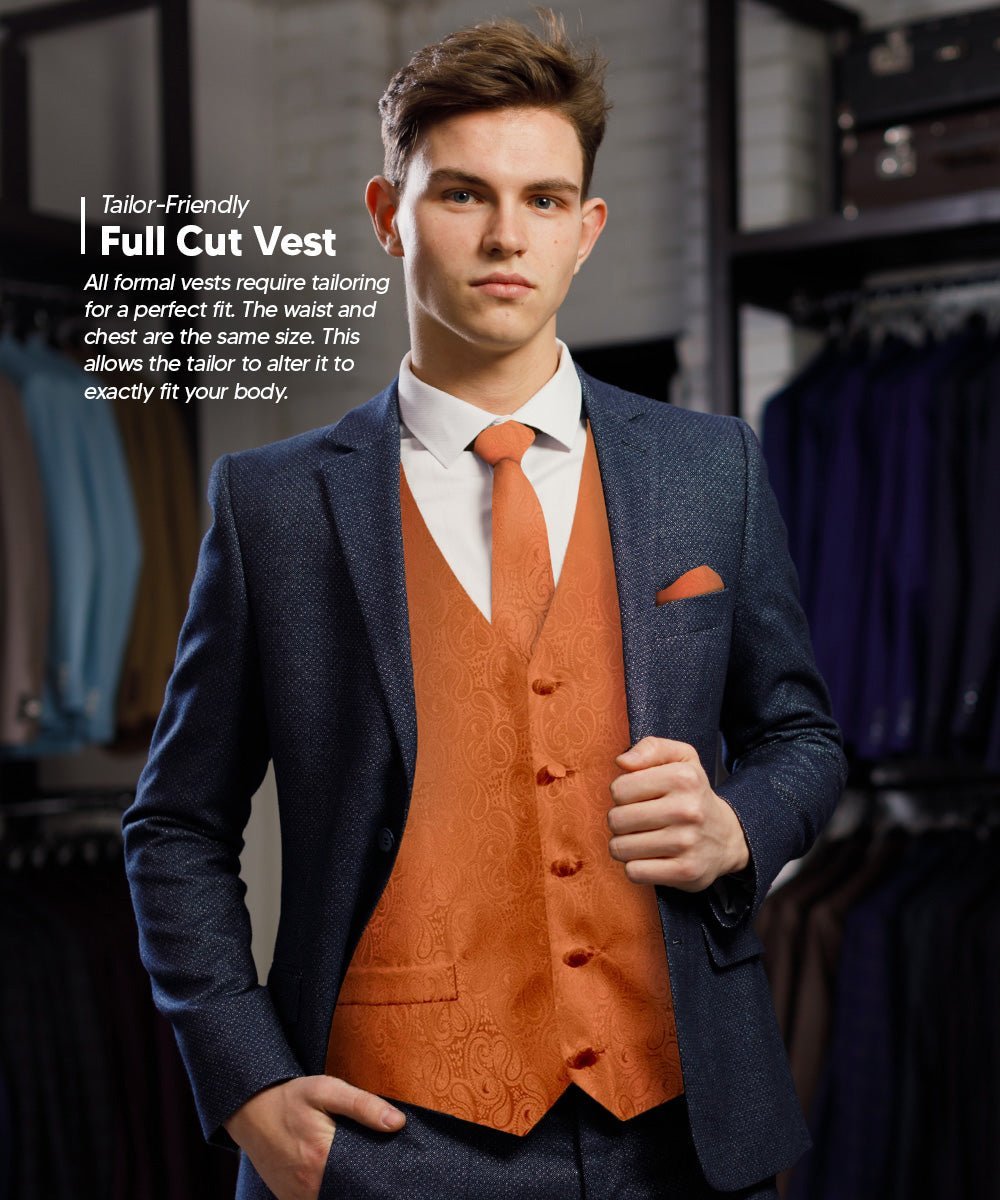 Paisley Vest Set with Black Back (Vest, Bow Tie, Necktie and Pocket Square) by Vittorio Farina: Purple, Red, Rose Gold, Royal Blue and Burnt Orange (vest_paisley_BB_burntorange_XS) for Independent Retail Stores by Dubal Brothers