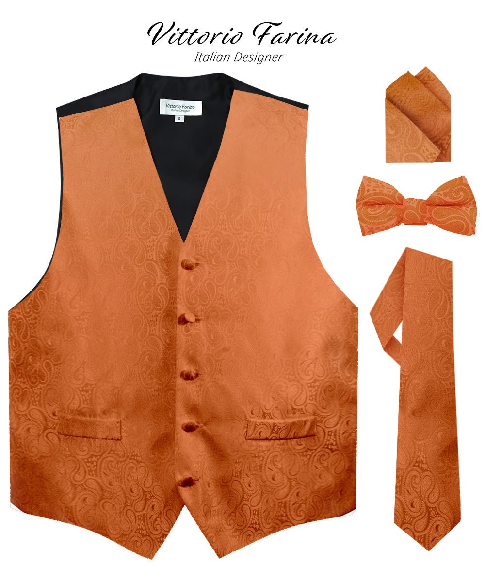 Paisley Vest Set with Black Back (Vest, Bow Tie, Necktie and Pocket Square) by Vittorio Farina: Purple, Red, Rose Gold, Royal Blue and Burnt Orange (vest_paisley_BB_burntorange_XS) for Independent Retail Stores by Dubal Brothers
