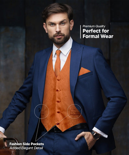 Paisley Vest Set with Black Back (Vest, Bow Tie, Necktie and Pocket Square) by Vittorio Farina: Purple, Red, Rose Gold, Royal Blue and Burnt Orange (vest_paisley_BB_burntorange_XS) for Independent Retail Stores by Dubal Brothers