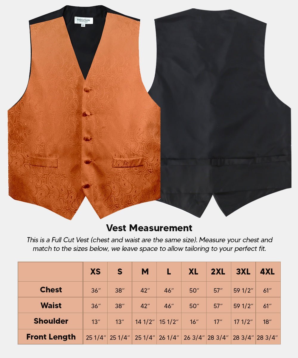 Paisley Vest Set with Black Back (Vest, Bow Tie, Necktie and Pocket Square) by Vittorio Farina: Purple, Red, Rose Gold, Royal Blue and Burnt Orange (vest_paisley_BB_burntorange_XS) for Independent Retail Stores by Dubal Brothers