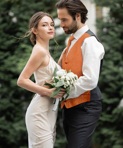 Paisley Vest Set with Black Back (Vest, Bow Tie, Necktie and Pocket Square) by Vittorio Farina: Purple, Red, Rose Gold, Royal Blue and Burnt Orange (vest_paisley_BB_burntorange_XS) for Independent Retail Stores by Dubal Brothers