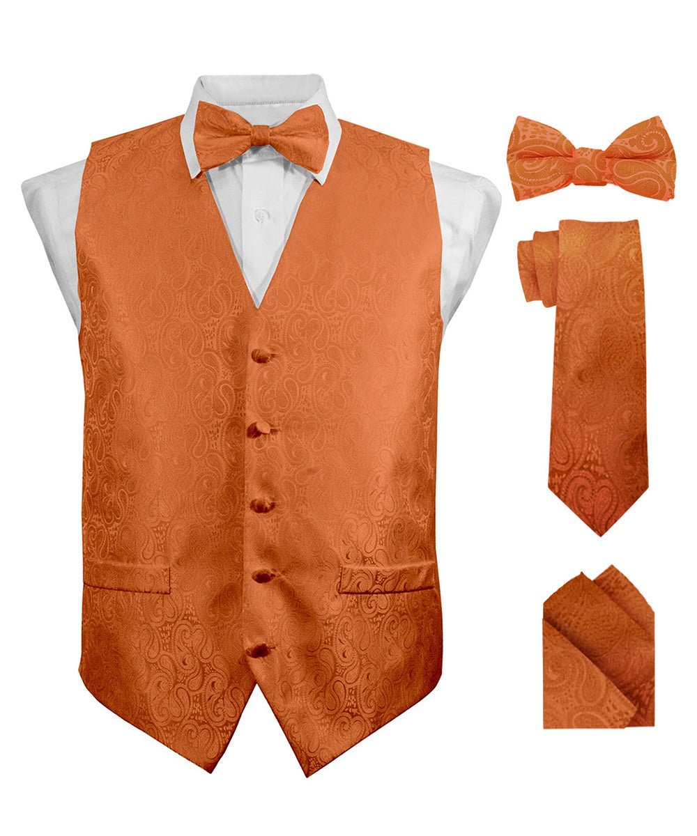 Paisley Vest Set with Black Back (Vest, Bow Tie, Necktie and Pocket Square) by Vittorio Farina: Purple, Red, Rose Gold, Royal Blue and Burnt Orange (vest_paisley_BB_burntorange_XS) for Independent Retail Stores by Dubal Brothers