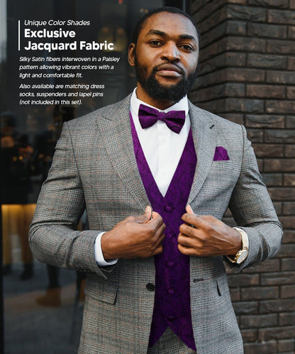 Paisley Vest Set with Black Back (Vest, Bow Tie, Necktie and Pocket Square) by Vittorio Farina: Purple, Red, Rose Gold, Royal Blue and Burnt Orange (vest_paisley_BB_purple_XS) for Independent Retail Stores by Dubal Brothers