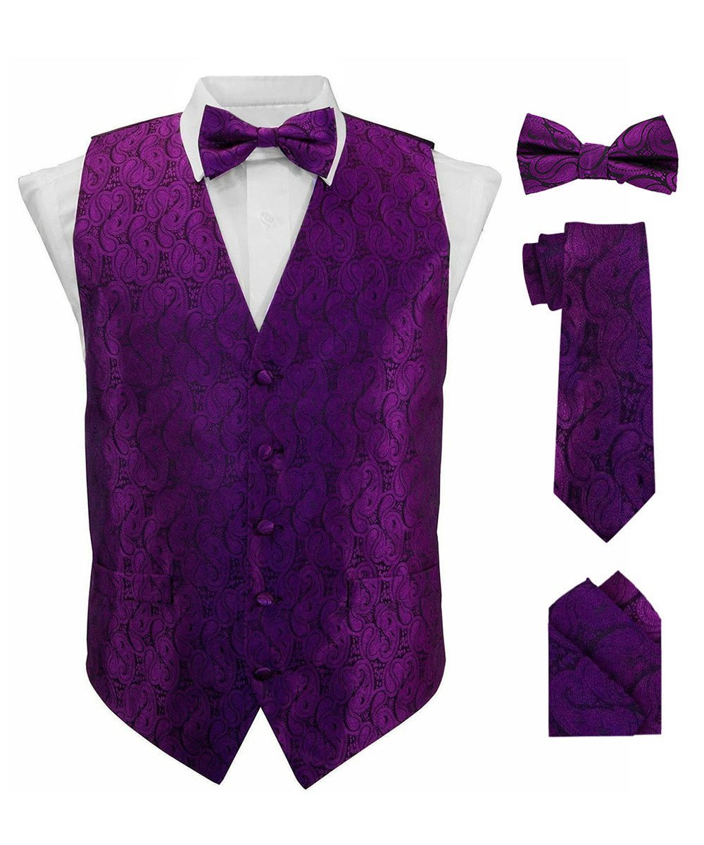Paisley Vest Set with Black Back (Vest, Bow Tie, Necktie and Pocket Square) by Vittorio Farina: Purple, Red, Rose Gold, Royal Blue and Burnt Orange (vest_paisley_BB_purple_XS) for Independent Retail Stores by Dubal Brothers