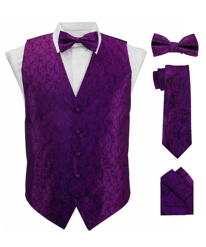 Paisley Vest Set with Black Back (Vest, Bow Tie, Necktie and Pocket Square) by Vittorio Farina: Purple, Red, Rose Gold, Royal Blue and Burnt Orange (vest_paisley_BB_purple_XS) for Independent Retail Stores by Dubal Brothers
