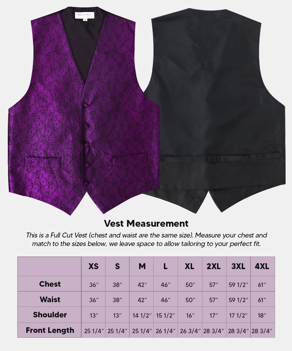Paisley Vest Set with Black Back (Vest, Bow Tie, Necktie and Pocket Square) by Vittorio Farina: Purple, Red, Rose Gold, Royal Blue and Burnt Orange (vest_paisley_BB_purple_XS) for Independent Retail Stores by Dubal Brothers
