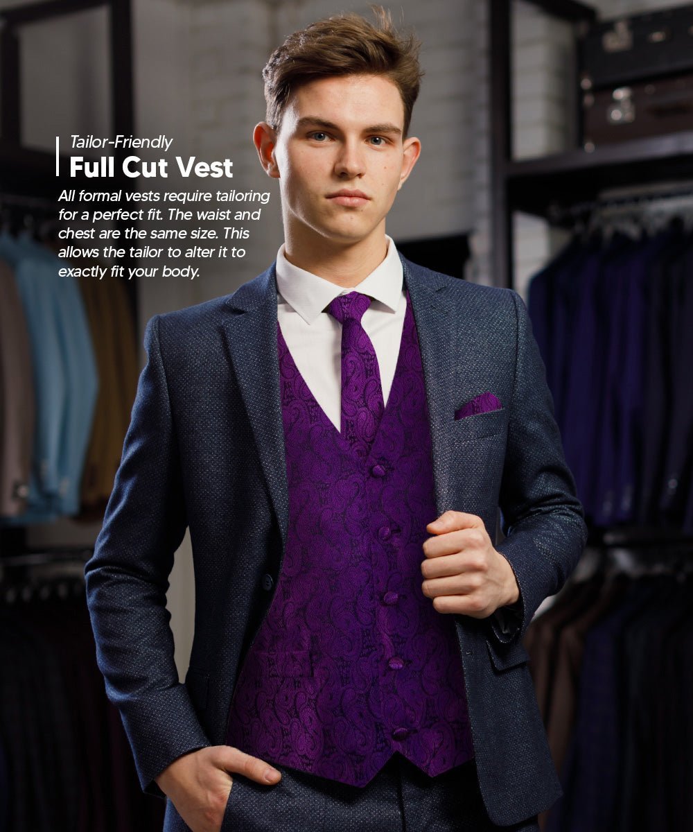 Paisley Vest Set with Black Back (Vest, Bow Tie, Necktie and Pocket Square) by Vittorio Farina: Purple, Red, Rose Gold, Royal Blue and Burnt Orange (vest_paisley_BB_purple_XS) for Independent Retail Stores by Dubal Brothers