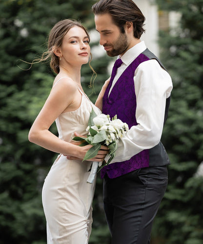 Paisley Vest Set with Black Back (Vest, Bow Tie, Necktie and Pocket Square) by Vittorio Farina: Purple, Red, Rose Gold, Royal Blue and Burnt Orange (vest_paisley_BB_purple_XS) for Independent Retail Stores by Dubal Brothers