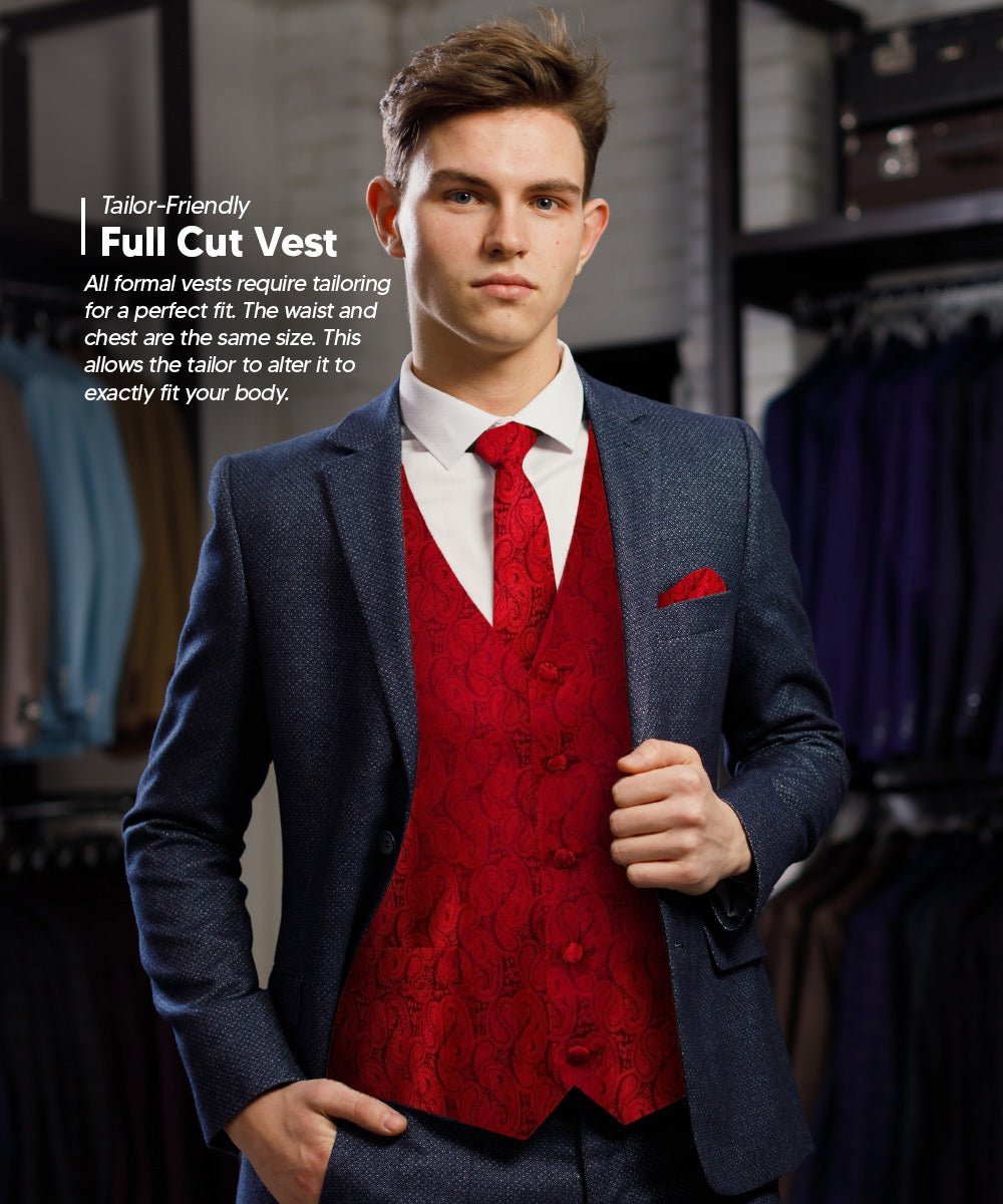Paisley Vest Set with Black Back (Vest, Bow Tie, Necktie and Pocket Square) by Vittorio Farina: Purple, Red, Rose Gold, Royal Blue and Burnt Orange (vest_paisley_BB_red_XS) for Independent Retail Stores by Dubal Brothers