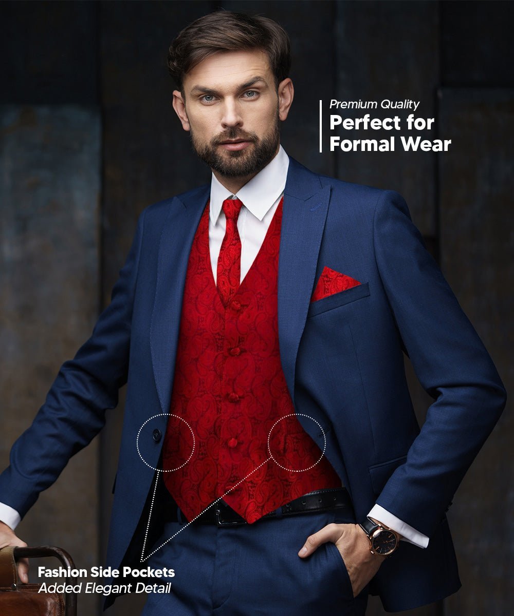 Paisley Vest Set with Black Back (Vest, Bow Tie, Necktie and Pocket Square) by Vittorio Farina: Purple, Red, Rose Gold, Royal Blue and Burnt Orange (vest_paisley_BB_red_XS) for Independent Retail Stores by Dubal Brothers