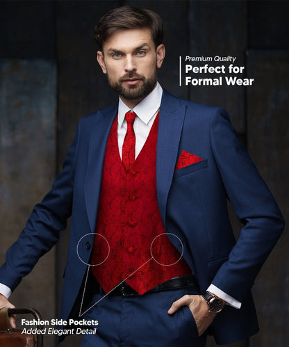 Paisley Vest Set with Black Back (Vest, Bow Tie, Necktie and Pocket Square) by Vittorio Farina: Purple, Red, Rose Gold, Royal Blue and Burnt Orange (vest_paisley_BB_red_XS) for Independent Retail Stores by Dubal Brothers