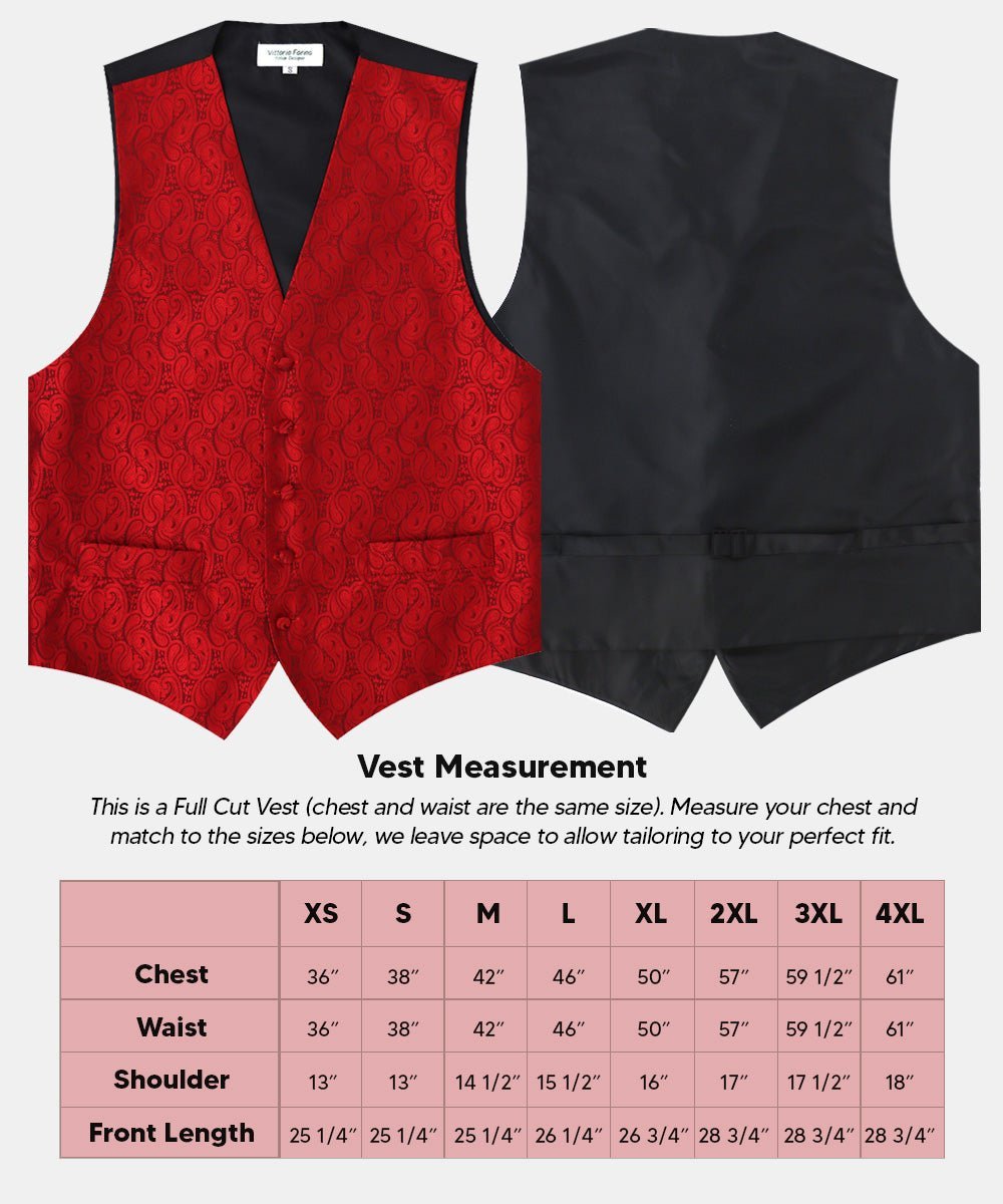 Paisley Vest Set with Black Back (Vest, Bow Tie, Necktie and Pocket Square) by Vittorio Farina: Purple, Red, Rose Gold, Royal Blue and Burnt Orange (vest_paisley_BB_red_XS) for Independent Retail Stores by Dubal Brothers