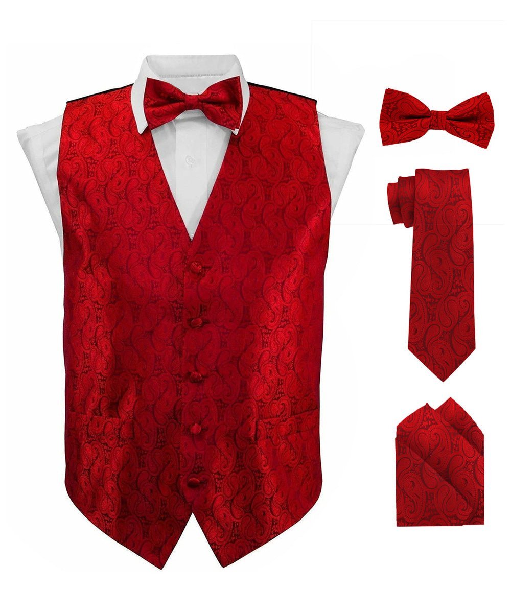 Paisley Vest Set with Black Back (Vest, Bow Tie, Necktie and Pocket Square) by Vittorio Farina: Purple, Red, Rose Gold, Royal Blue and Burnt Orange (vest_paisley_BB_red_XS) for Independent Retail Stores by Dubal Brothers