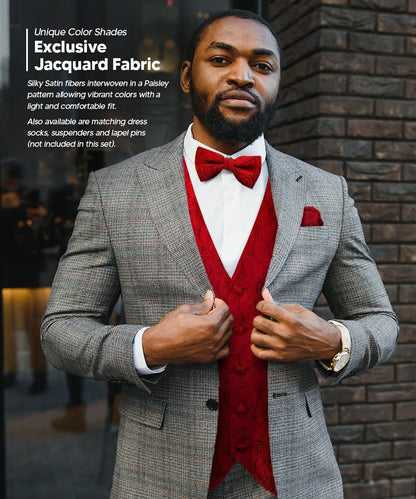 Paisley Vest Set with Black Back (Vest, Bow Tie, Necktie and Pocket Square) by Vittorio Farina: Purple, Red, Rose Gold, Royal Blue and Burnt Orange (vest_paisley_BB_red_XS) for Independent Retail Stores by Dubal Brothers