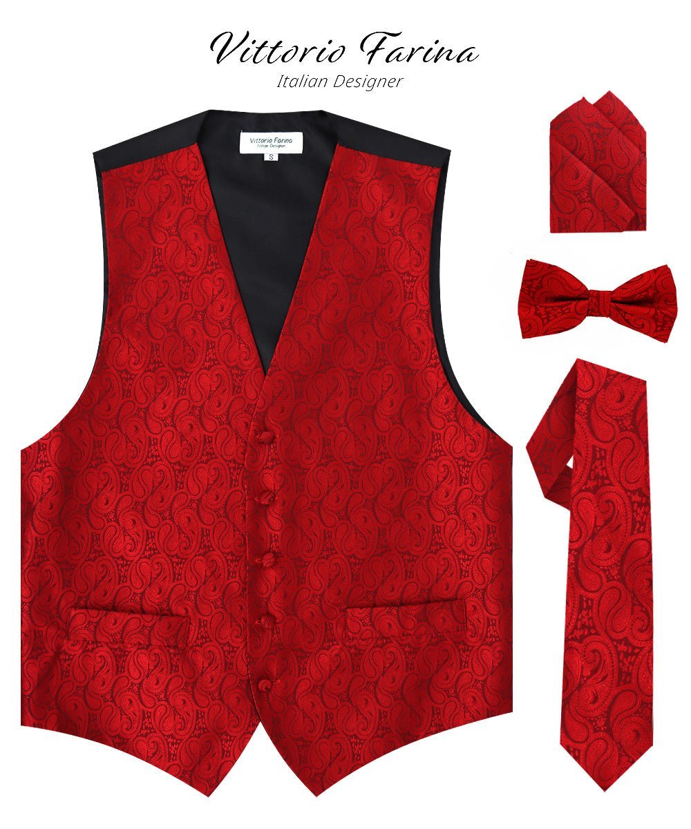 Paisley Vest Set with Black Back (Vest, Bow Tie, Necktie and Pocket Square) by Vittorio Farina: Purple, Red, Rose Gold, Royal Blue and Burnt Orange (vest_paisley_BB_red_XS) for Independent Retail Stores by Dubal Brothers