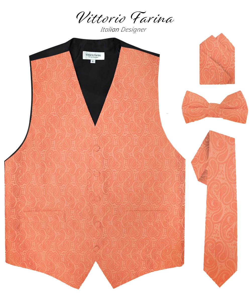Paisley Vest Set with Black Back (Vest, Bow Tie, Necktie and Pocket Square) by Vittorio Farina: Purple, Red, Rose Gold, Royal Blue and Burnt Orange (vest_paisley_BB_rosegold_XS) for Independent Retail Stores by Dubal Brothers