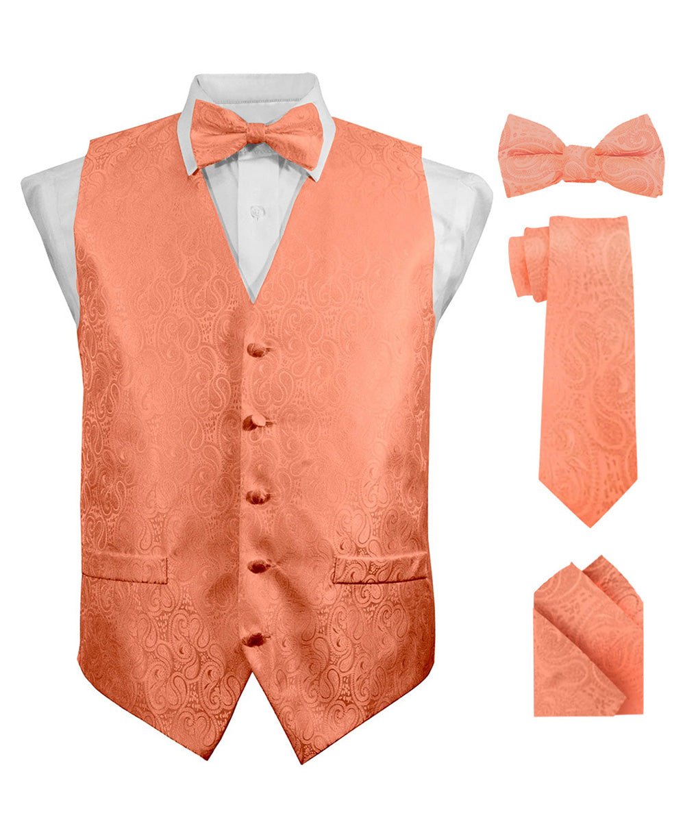Paisley Vest Set with Black Back (Vest, Bow Tie, Necktie and Pocket Square) by Vittorio Farina: Purple, Red, Rose Gold, Royal Blue and Burnt Orange (vest_paisley_BB_rosegold_XS) for Independent Retail Stores by Dubal Brothers