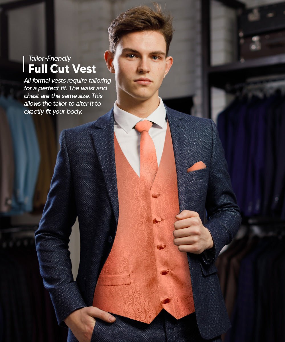 Paisley Vest Set with Black Back (Vest, Bow Tie, Necktie and Pocket Square) by Vittorio Farina: Purple, Red, Rose Gold, Royal Blue and Burnt Orange (vest_paisley_BB_rosegold_XS) for Independent Retail Stores by Dubal Brothers