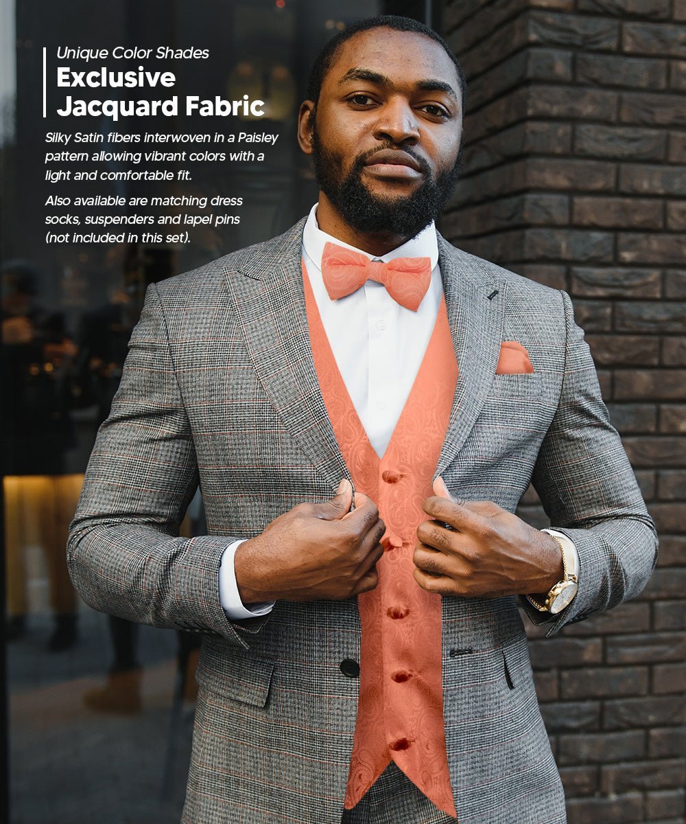 Paisley Vest Set with Black Back (Vest, Bow Tie, Necktie and Pocket Square) by Vittorio Farina: Purple, Red, Rose Gold, Royal Blue and Burnt Orange (vest_paisley_BB_rosegold_XS) for Independent Retail Stores by Dubal Brothers