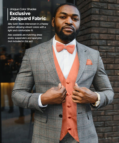 Paisley Vest Set with Black Back (Vest, Bow Tie, Necktie and Pocket Square) by Vittorio Farina: Purple, Red, Rose Gold, Royal Blue and Burnt Orange (vest_paisley_BB_rosegold_XS) for Independent Retail Stores by Dubal Brothers