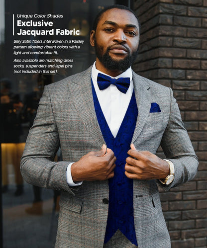 Paisley Vest Set with Black Back (Vest, Bow Tie, Necktie and Pocket Square) by Vittorio Farina: Purple, Red, Rose Gold, Royal Blue and Burnt Orange (vest_paisley_BB_royal_XS) for Independent Retail Stores by Dubal Brothers