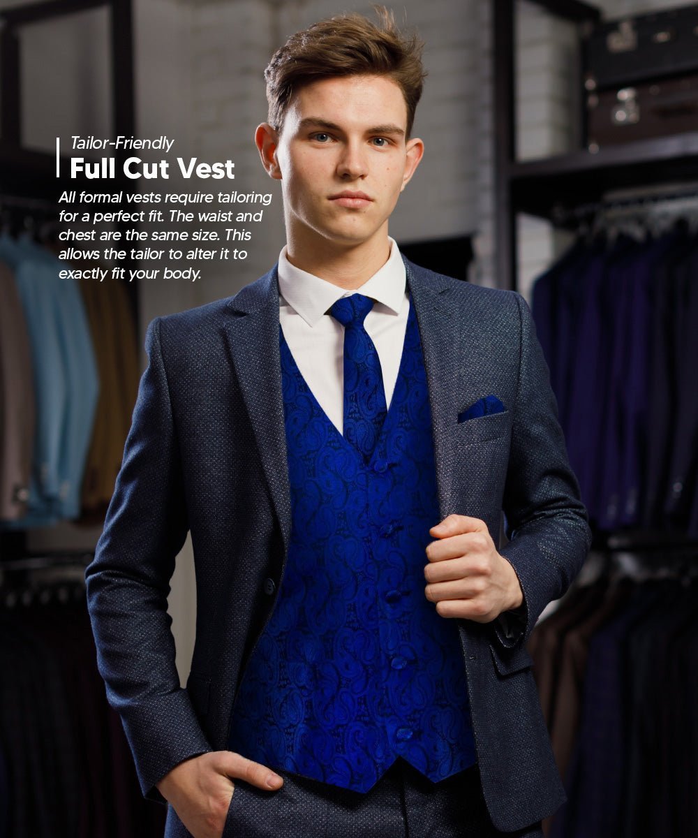 Paisley Vest Set with Black Back (Vest, Bow Tie, Necktie and Pocket Square) by Vittorio Farina: Purple, Red, Rose Gold, Royal Blue and Burnt Orange (vest_paisley_BB_royal_XS) for Independent Retail Stores by Dubal Brothers