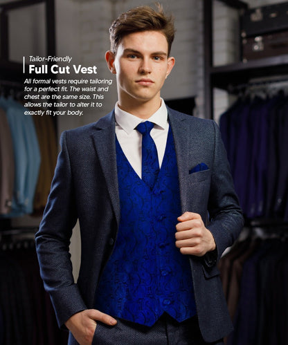 Paisley Vest Set with Black Back (Vest, Bow Tie, Necktie and Pocket Square) by Vittorio Farina: Purple, Red, Rose Gold, Royal Blue and Burnt Orange (vest_paisley_BB_royal_XS) for Independent Retail Stores by Dubal Brothers