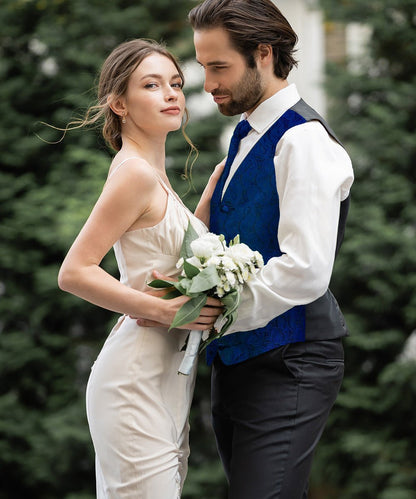 Paisley Vest Set with Black Back (Vest, Bow Tie, Necktie and Pocket Square) by Vittorio Farina: Purple, Red, Rose Gold, Royal Blue and Burnt Orange (vest_paisley_BB_royal_XS) for Independent Retail Stores by Dubal Brothers