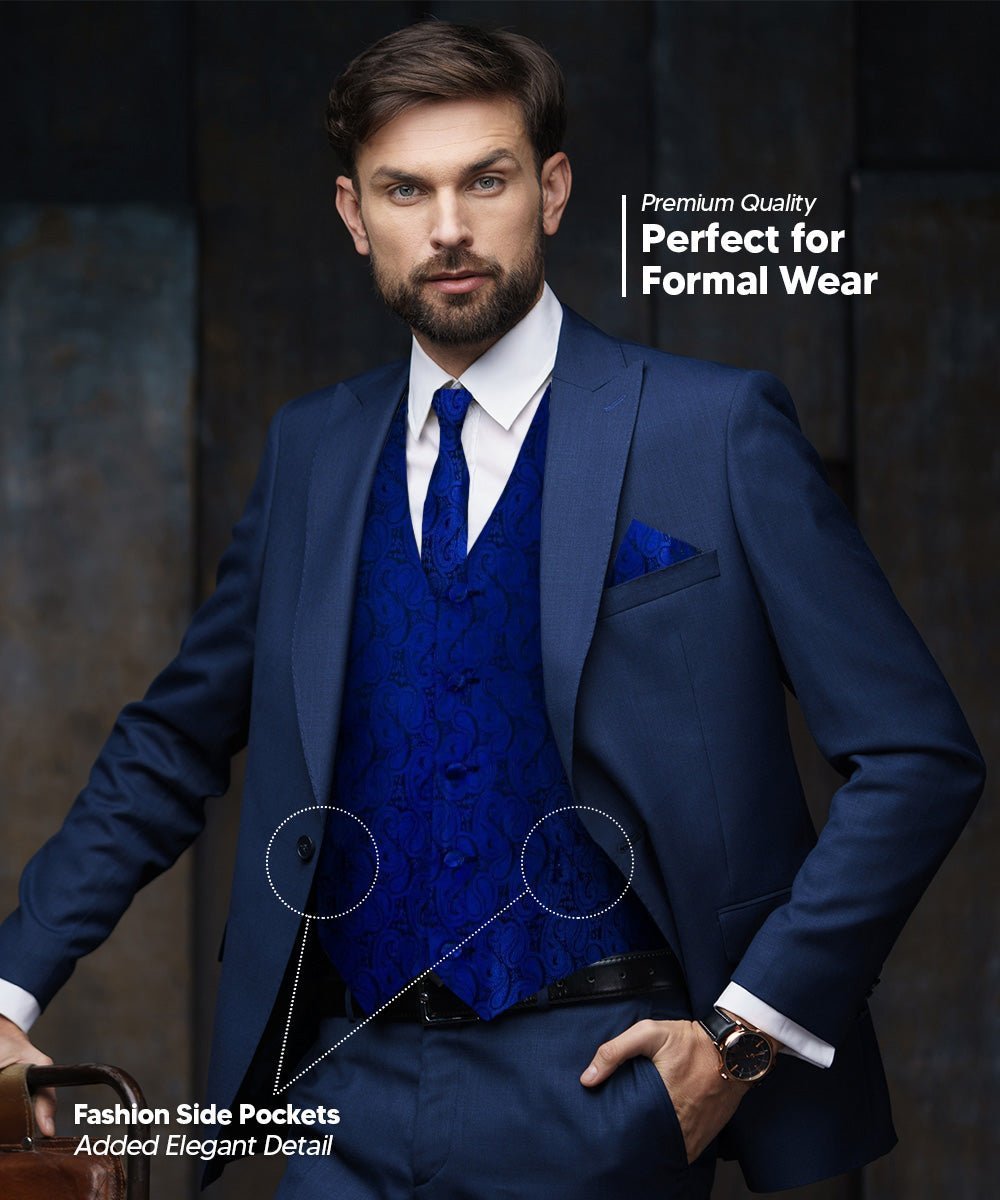 Paisley Vest Set with Black Back (Vest, Bow Tie, Necktie and Pocket Square) by Vittorio Farina: Purple, Red, Rose Gold, Royal Blue and Burnt Orange (vest_paisley_BB_royal_XS) for Independent Retail Stores by Dubal Brothers