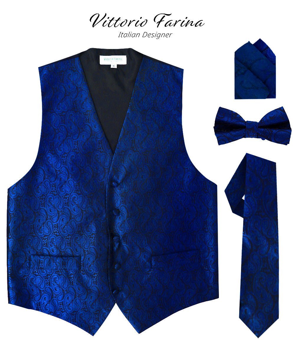 Paisley Vest Set with Black Back (Vest, Bow Tie, Necktie and Pocket Square) by Vittorio Farina: Purple, Red, Rose Gold, Royal Blue and Burnt Orange (vest_paisley_BB_royal_XS) for Independent Retail Stores by Dubal Brothers