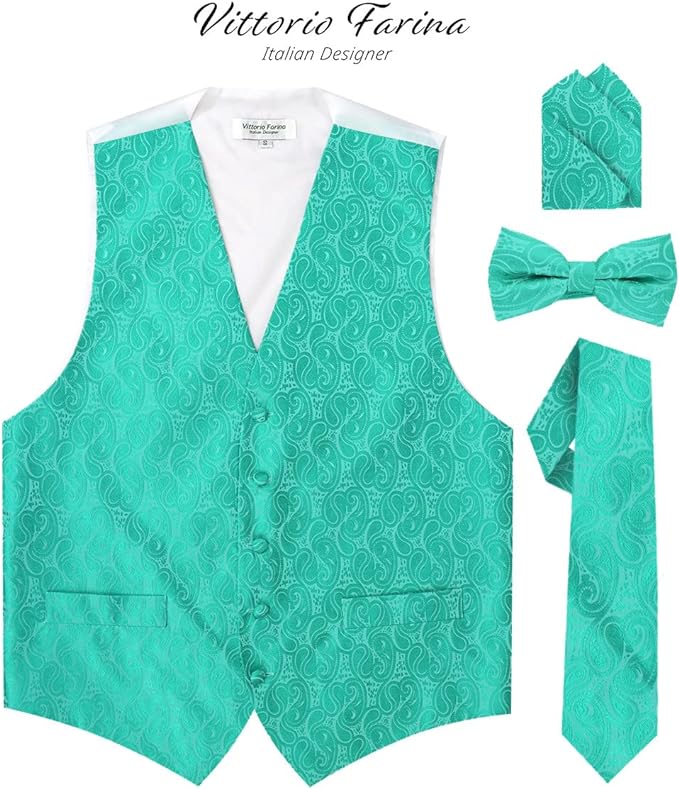 Paisley Vest Set with White Back (Vest, Bow Tie, Necktie and Pocket Square) by Vittorio Farina: Aqua, Blush, Hot Pink, Ivory, Lavender, and Mint (vest_paisley_WB_aqua_XS) for Independent Retail Stores by Dubal Brothers