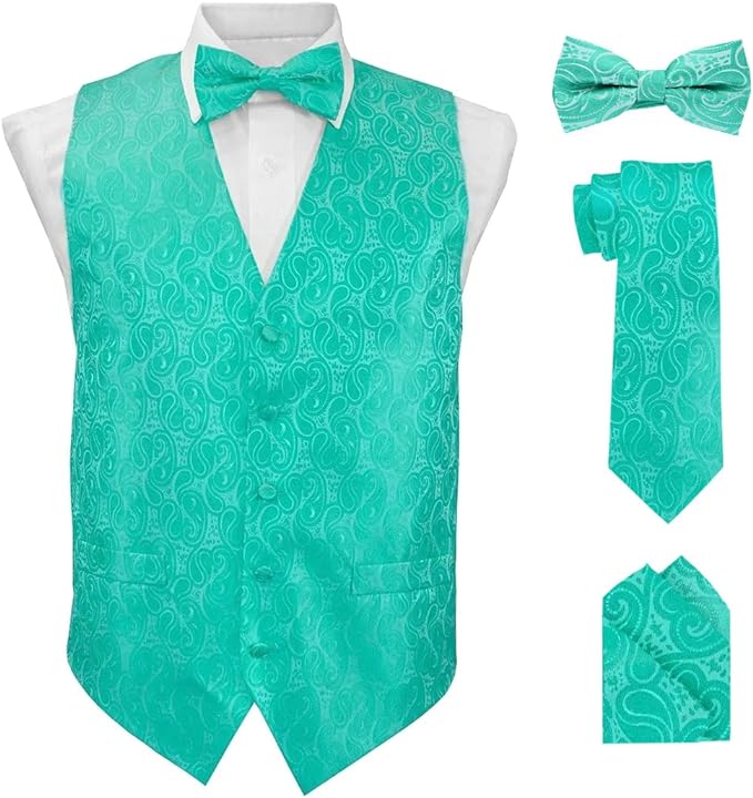 Paisley Vest Set with White Back (Vest, Bow Tie, Necktie and Pocket Square) by Vittorio Farina: Aqua, Blush, Hot Pink, Ivory, Lavender, and Mint (vest_paisley_WB_aqua_XS) for Independent Retail Stores by Dubal Brothers