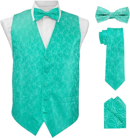 Paisley Vest Set with White Back (Vest, Bow Tie, Necktie and Pocket Square) by Vittorio Farina: Aqua, Blush, Hot Pink, Ivory, Lavender, and Mint (vest_paisley_WB_aqua_XS) for Independent Retail Stores by Dubal Brothers