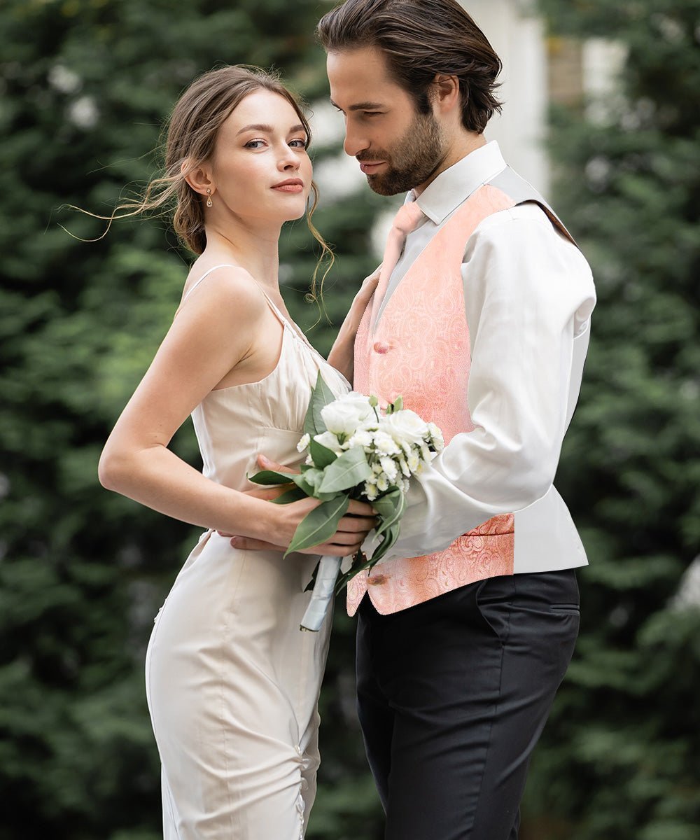 Paisley Vest Set with White Back (Vest, Bow Tie, Necktie and Pocket Square) by Vittorio Farina: Aqua, Blush, Hot Pink, Ivory, Lavender, and Mint (vest_paisley_WB_blush_XS) for Independent Retail Stores by Dubal Brothers