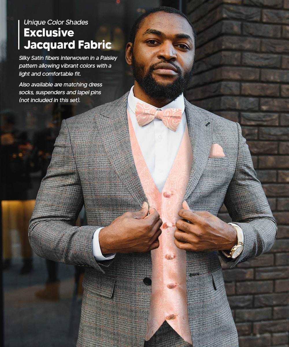 Paisley Vest Set with White Back (Vest, Bow Tie, Necktie and Pocket Square) by Vittorio Farina: Aqua, Blush, Hot Pink, Ivory, Lavender, and Mint (vest_paisley_WB_blush_XS) for Independent Retail Stores by Dubal Brothers