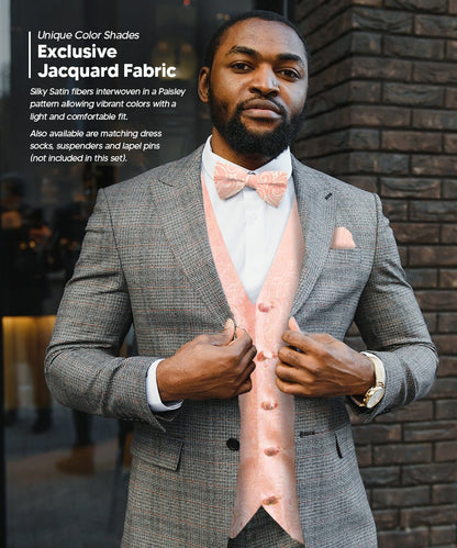 Paisley Vest Set with White Back (Vest, Bow Tie, Necktie and Pocket Square) by Vittorio Farina: Aqua, Blush, Hot Pink, Ivory, Lavender, and Mint (vest_paisley_WB_blush_XS) for Independent Retail Stores by Dubal Brothers