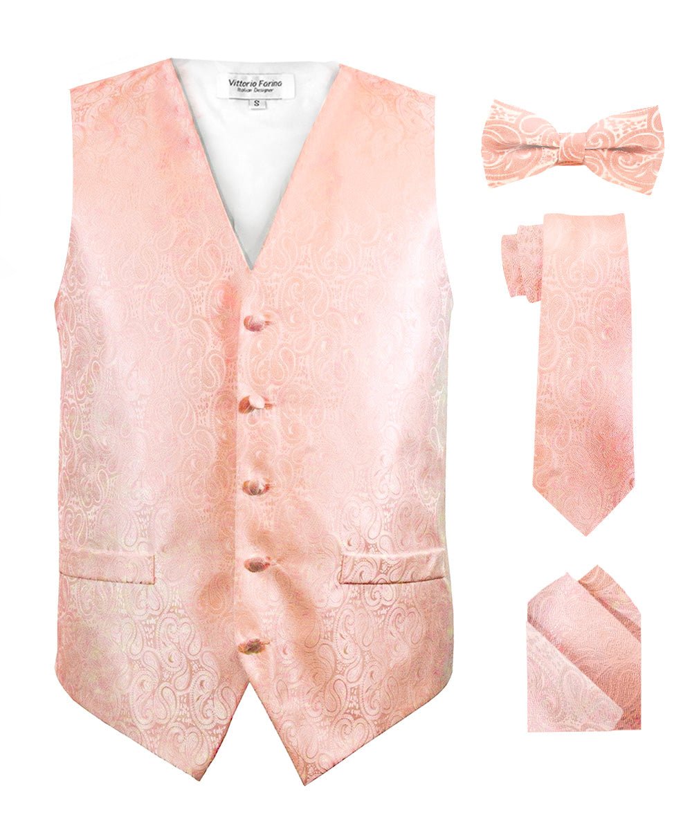 Paisley Vest Set with White Back (Vest, Bow Tie, Necktie and Pocket Square) by Vittorio Farina: Aqua, Blush, Hot Pink, Ivory, Lavender, and Mint (vest_paisley_WB_blush_XS) for Independent Retail Stores by Dubal Brothers