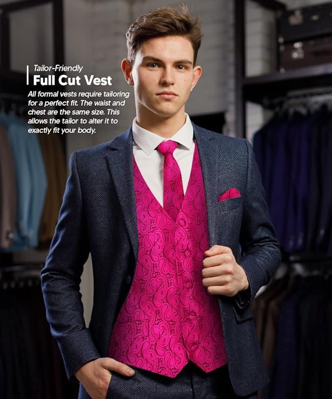 Paisley Vest Set with White Back (Vest, Bow Tie, Necktie and Pocket Square) by Vittorio Farina: Aqua, Blush, Hot Pink, Ivory, Lavender, and Mint (vest_paisley_WB_hotpink_XS) for Independent Retail Stores by Dubal Brothers
