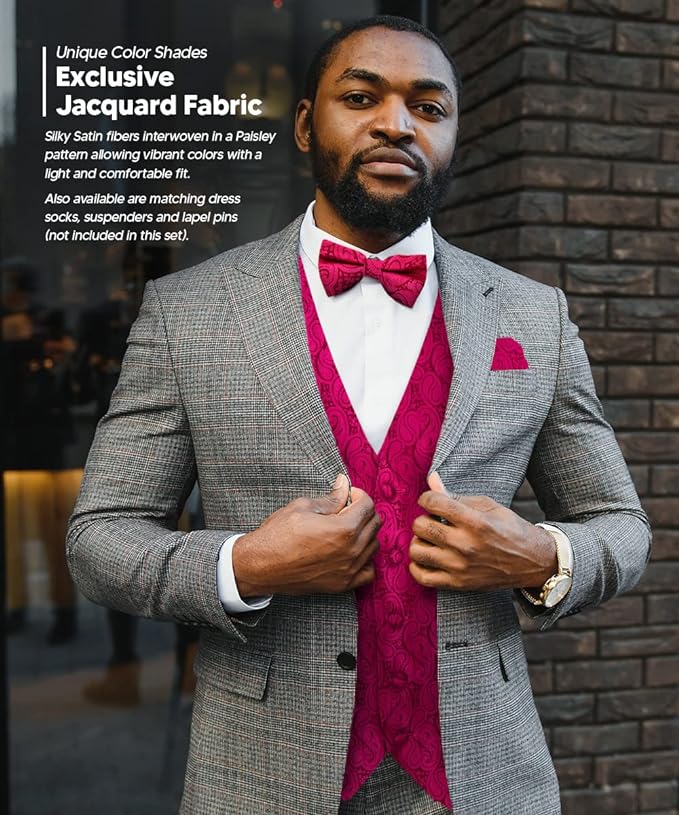 Paisley Vest Set with White Back (Vest, Bow Tie, Necktie and Pocket Square) by Vittorio Farina: Aqua, Blush, Hot Pink, Ivory, Lavender, and Mint (vest_paisley_WB_hotpink_XS) for Independent Retail Stores by Dubal Brothers