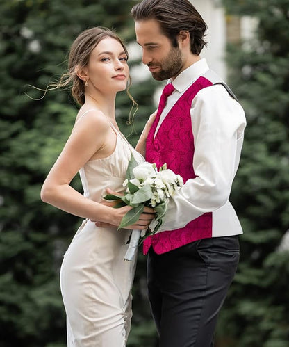 Paisley Vest Set with White Back (Vest, Bow Tie, Necktie and Pocket Square) by Vittorio Farina: Aqua, Blush, Hot Pink, Ivory, Lavender, and Mint (vest_paisley_WB_hotpink_XS) for Independent Retail Stores by Dubal Brothers