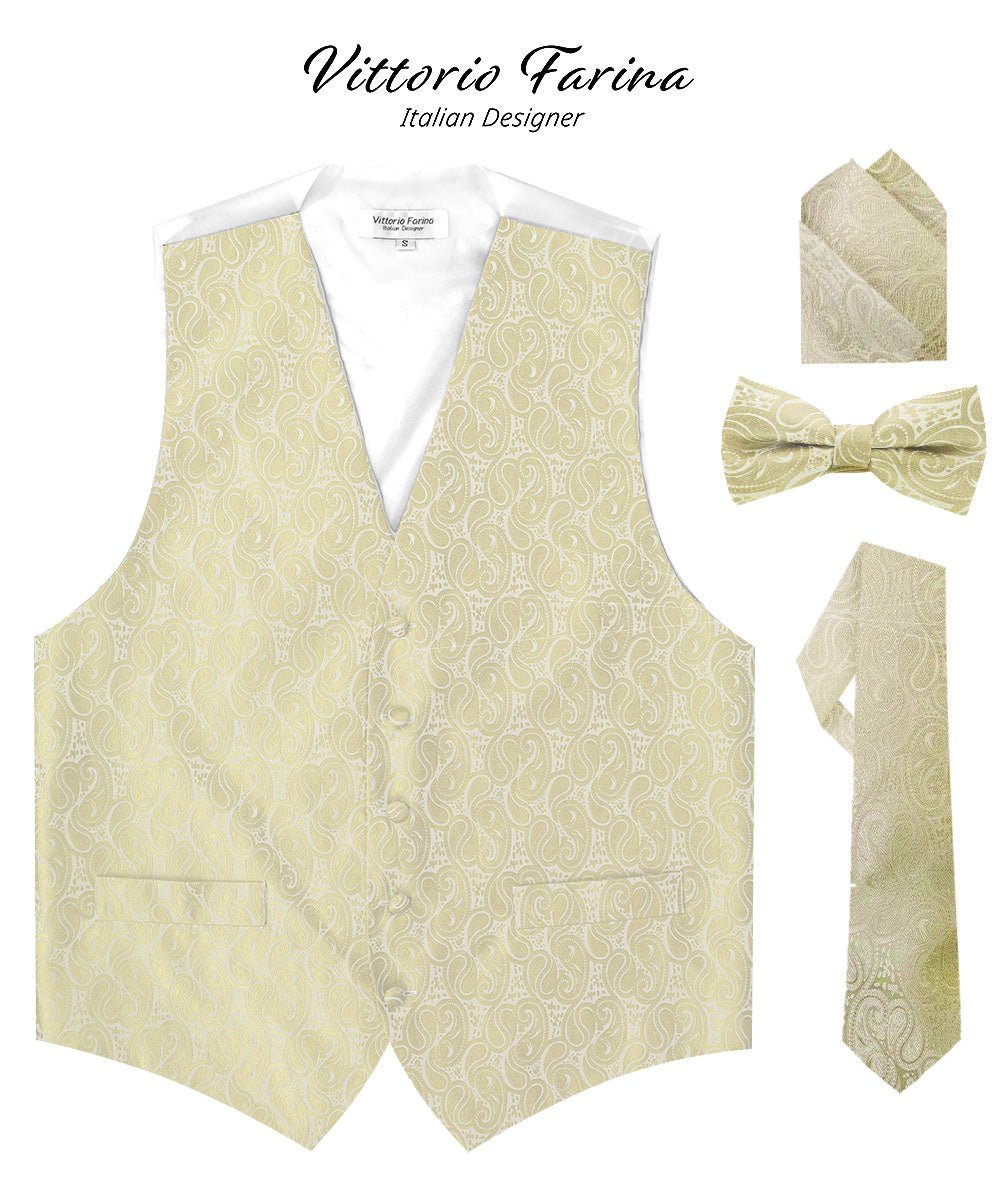 Paisley Vest Set with White Back (Vest, Bow Tie, Necktie and Pocket Square) by Vittorio Farina: Aqua, Blush, Hot Pink, Ivory, Lavender, and Mint (vest_paisley_WB_ivory_XS) for Independent Retail Stores by Dubal Brothers