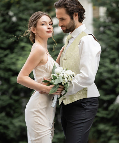 Paisley Vest Set with White Back (Vest, Bow Tie, Necktie and Pocket Square) by Vittorio Farina: Aqua, Blush, Hot Pink, Ivory, Lavender, and Mint (vest_paisley_WB_ivory_XS) for Independent Retail Stores by Dubal Brothers