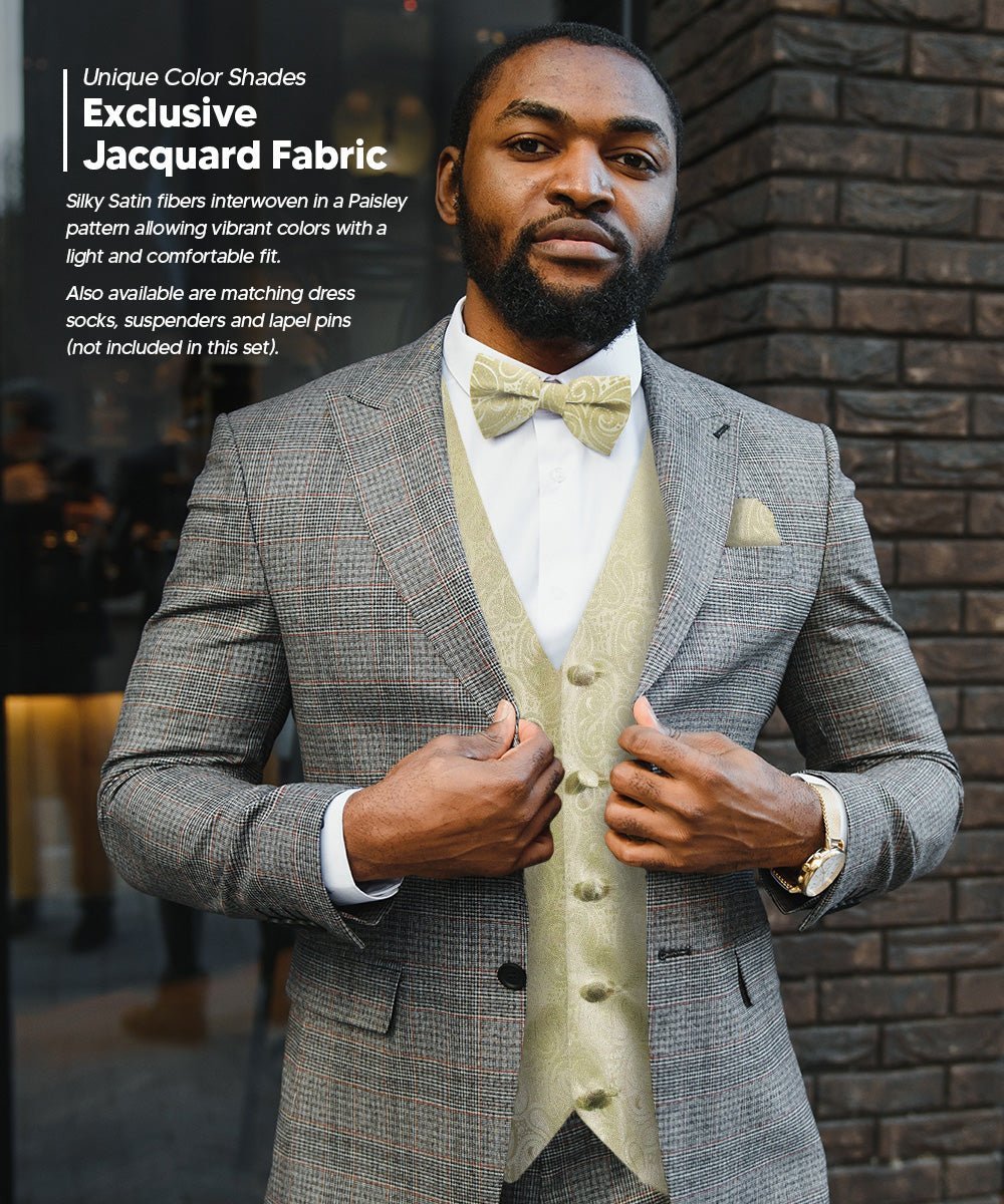 Paisley Vest Set with White Back (Vest, Bow Tie, Necktie and Pocket Square) by Vittorio Farina: Aqua, Blush, Hot Pink, Ivory, Lavender, and Mint (vest_paisley_WB_ivory_XS) for Independent Retail Stores by Dubal Brothers