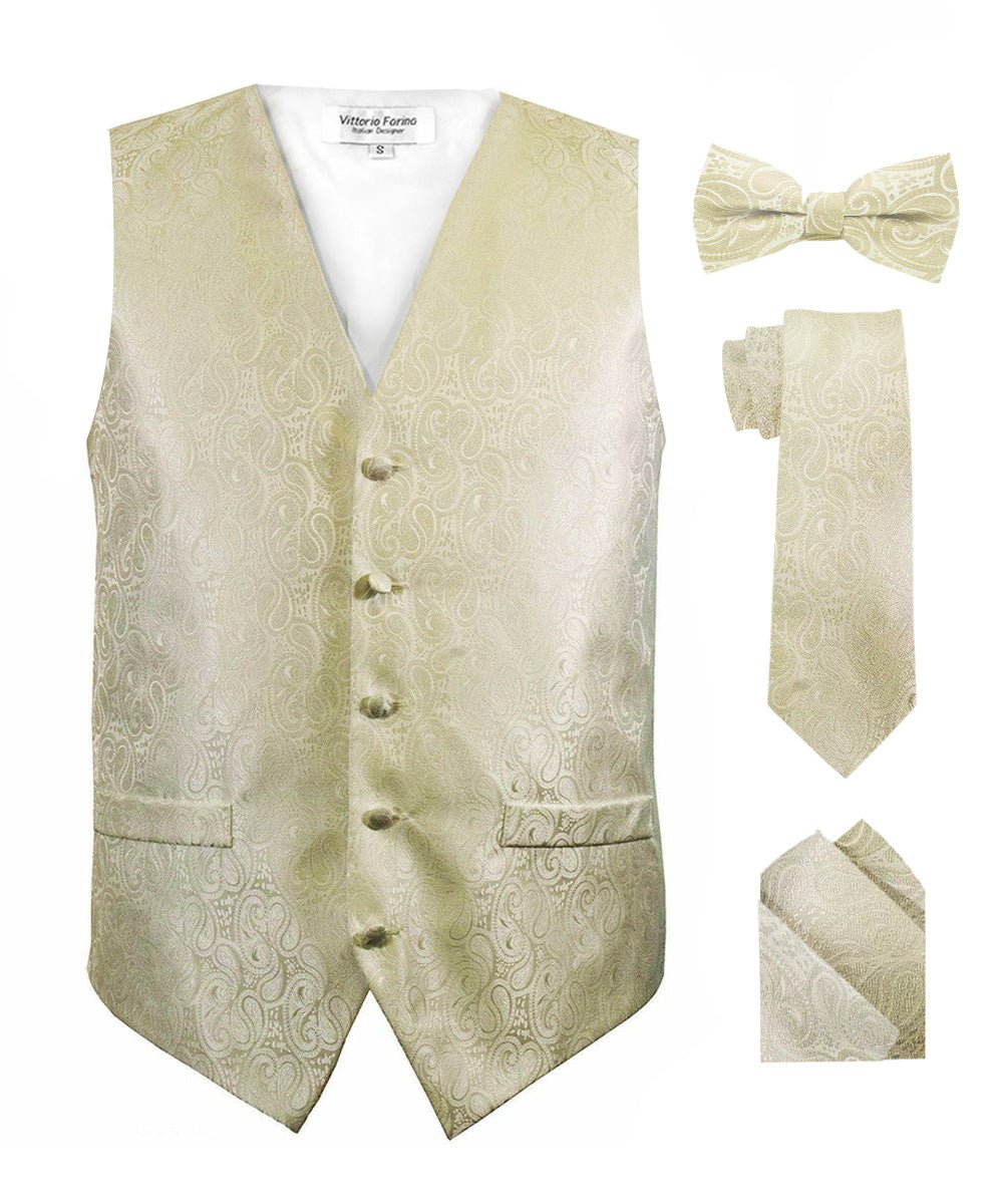 Paisley Vest Set with White Back (Vest, Bow Tie, Necktie and Pocket Square) by Vittorio Farina: Aqua, Blush, Hot Pink, Ivory, Lavender, and Mint (vest_paisley_WB_ivory_XS) for Independent Retail Stores by Dubal Brothers